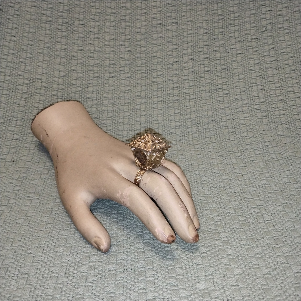 Vintage Gold Tone Clock Face Statement Ring Adjustable Band Floral & Faux Pearl